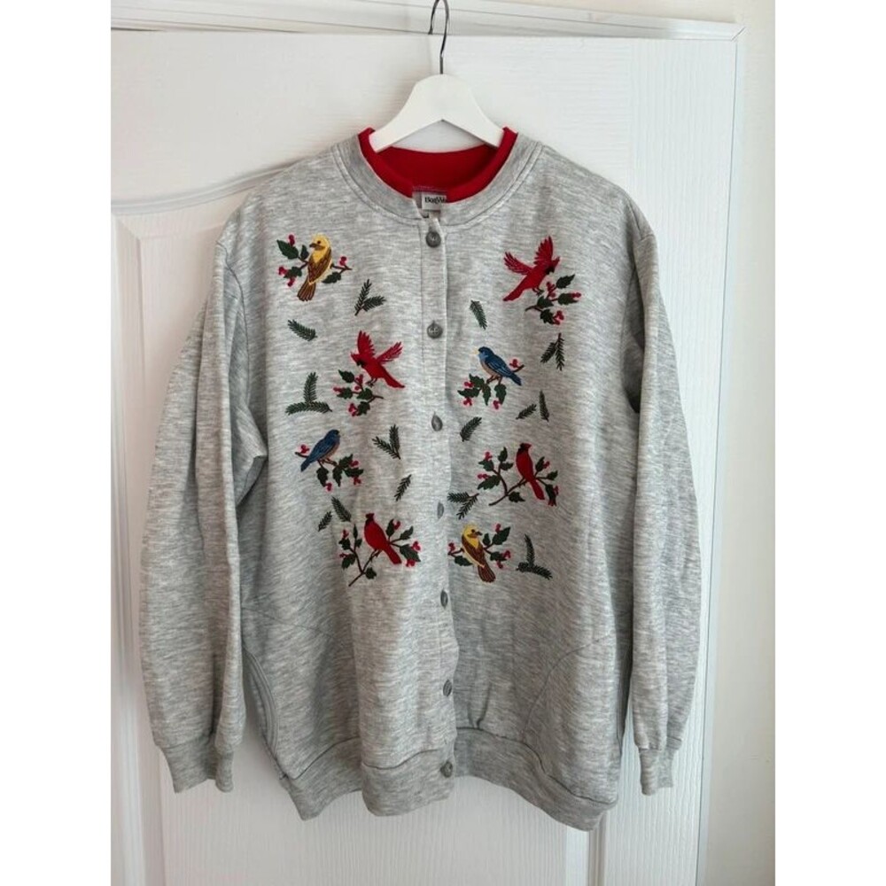 Vintage 90s BonWorth Bird Cardigan Sweatshirt Grandma Cottage Granola Whimsical